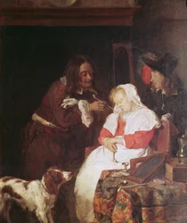 Deux hommes avec une femme endormie